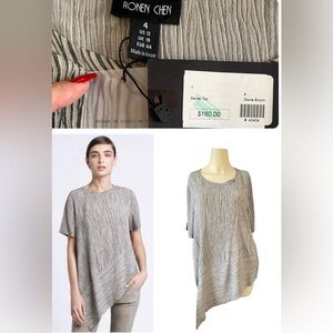Ronen Chen Belize Top Tunic Blouse striped asymmetrical in Stone Brown, size 12